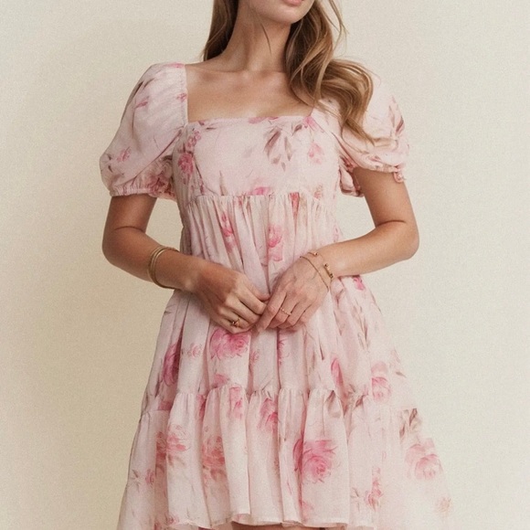 Floral Pink Puff Sleeve Dress - Picture 1 of 9